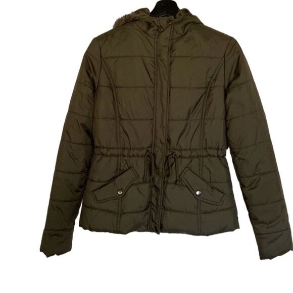 Arizona Jean Co. Olive Long Sleeve Faux Fur Hoodie Quilted Puffer Jacket Coat S - Picture 1 of 10